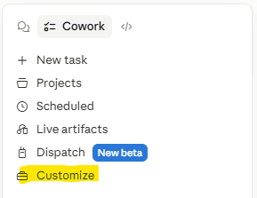 Cowork hliðarstika — Customize valmöguleiki